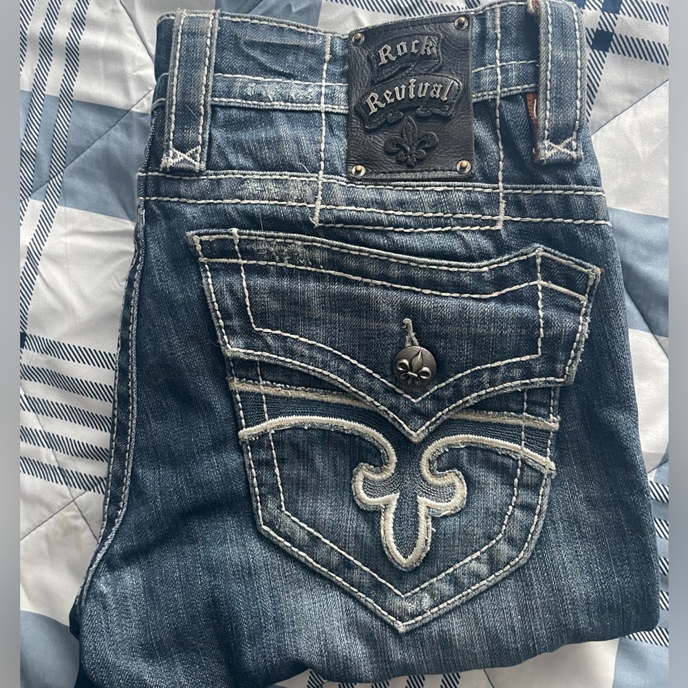 ROCK REVIVAL JEANS 32x32 BLUE WITH WHITE